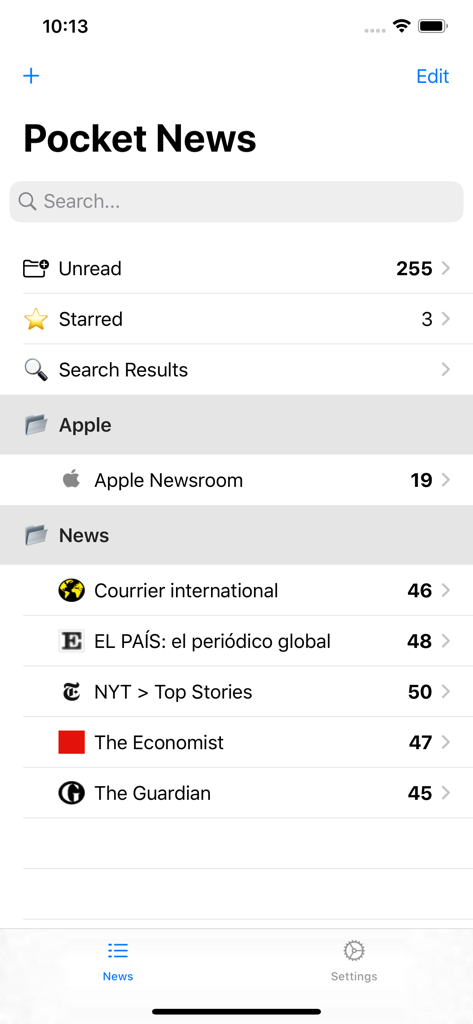Pocket News Reader - Panel principal de Lector de Noticias Pocket mostrando feeds de noticias RSS organizados con recuentos de artículos no leídos de fuentes como NYT y The Guardian