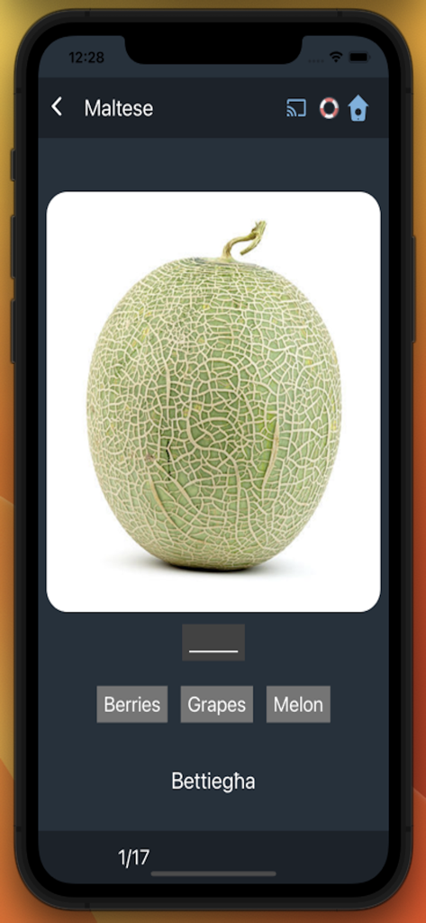 Bluebird: Learn Maltese - Bluebird Learn Maltese app interface showing a vocabulary quiz with an image of a melon and its Maltese translation Bettiegha