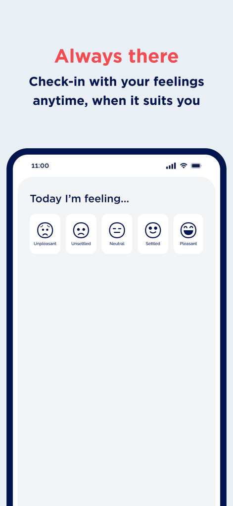 The Mental Fitness Gym - A mobile app interface showing a daily mood tracker with five different emotion icons from unpleasant to pleasant.