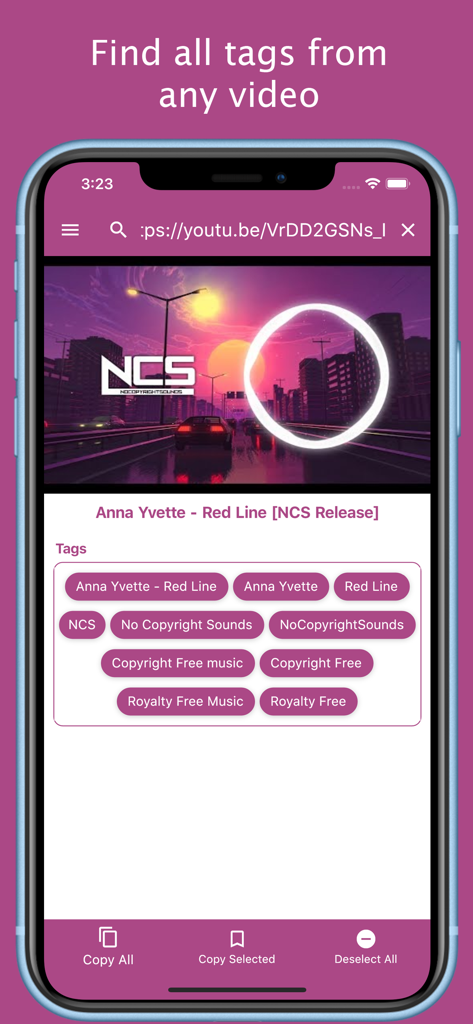 SEOリサーチのために抽出されたYouTube動画のタグを表示するYT用タグアプリのインターフェース