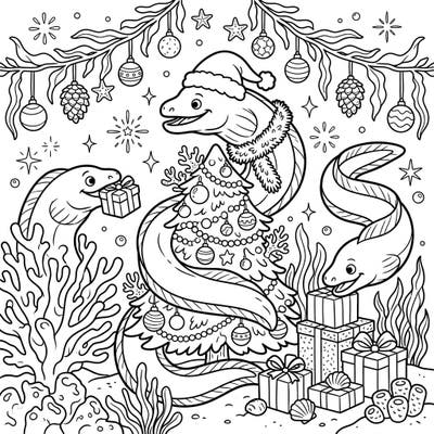 Experience a truly unique holiday season with our enchanting Moray Eels Christmas coloring page. Discover these serpentine creatures celebrating among festive underwater decorations and gifts.