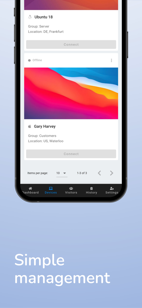 RemSupp - Remote Desktop - Una lista de dispositivos remotos gestionados a través de la app RemSupp en un iPhone