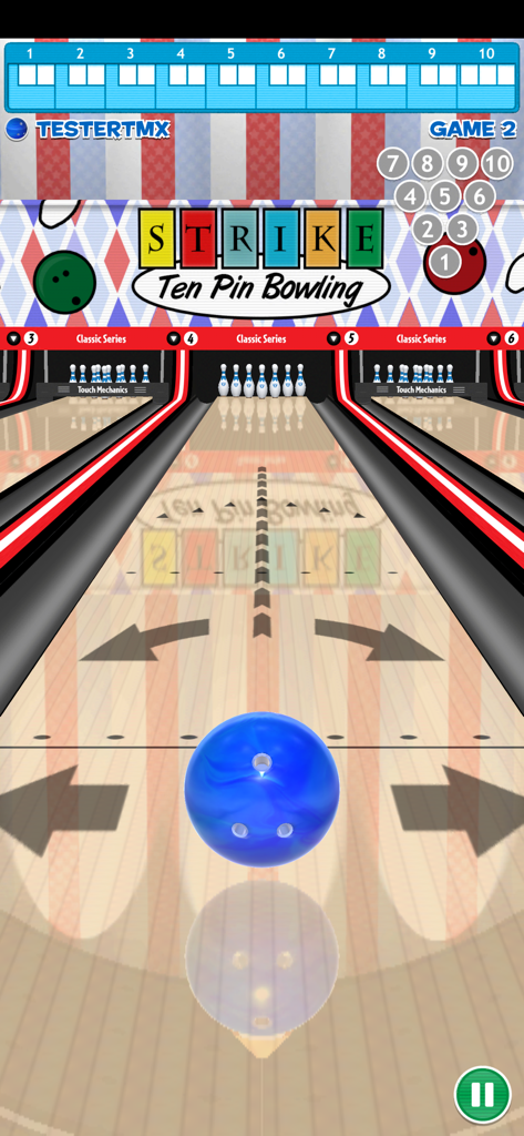 Pantalla de juego de Strike! Ten Pin Bowling mostrando una bola azul en una pista de madera lista para golpear diez pines