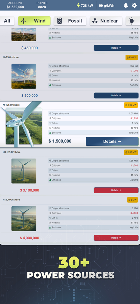 Energy Manager - 2025 - Energy Manager 2025 Gameplay-Bildschirm, der eine Auswahl an Onshore-Windturbinenmodellen mit technischen Daten und Preisen zeigt