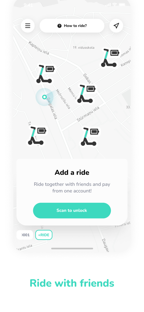 Map view of the IZZY kicksharing app showing available scooters and the group ride feature