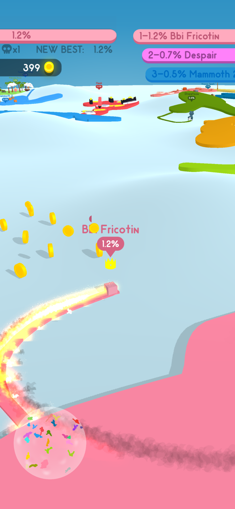 Paper.io 4 - Un jugador expandiendo su territorio rosa con un rastro brillante en un mapa 3D en Paper.io 4.