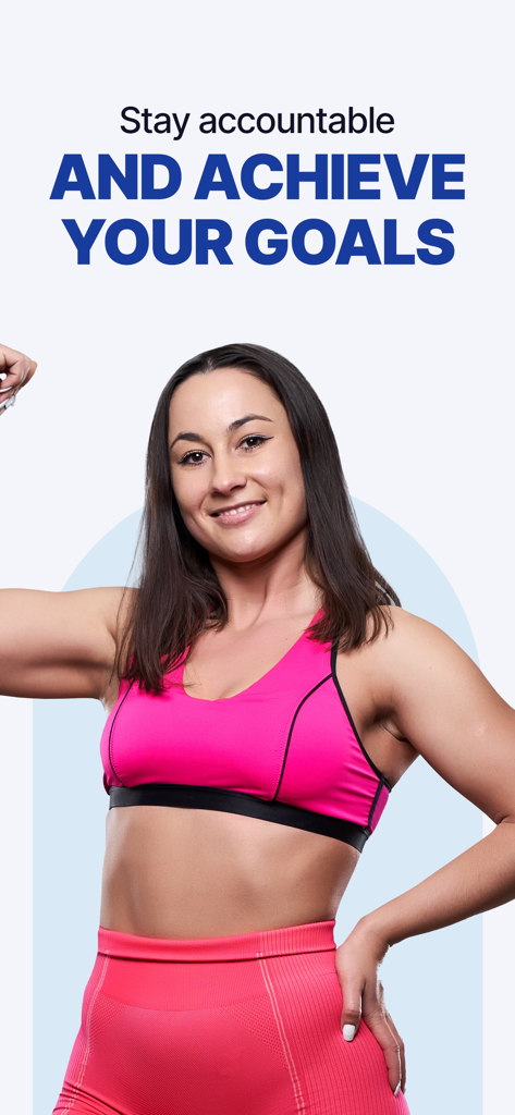 DoFasting Intermittent Fasting - A smiling woman in pink sportswear flexing her muscle under the text Stay accountable and achieve your goals