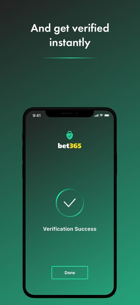 Una pantalla móvil que muestra un mensaje de éxito de verificación en la aplicación bet365 Authenticator