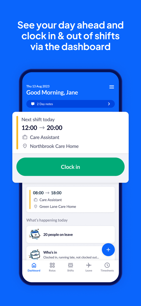 RotaCloud mobile app dashboard displaying shift information and an employee clock in button