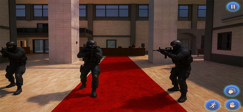 Sneak Robbery: Thief Simulator - Três guardas armados mirando rifles no saguão de um prédio durante uma missão de assalto