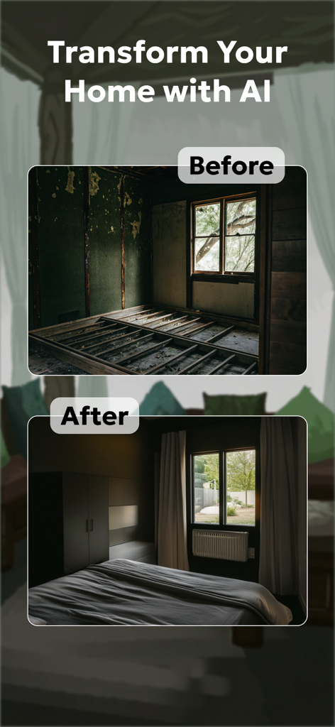 AI Home Design | Rooms Planner - Before and after comparison of a room renovation from a dilapidated state to a modern bedroom using AI