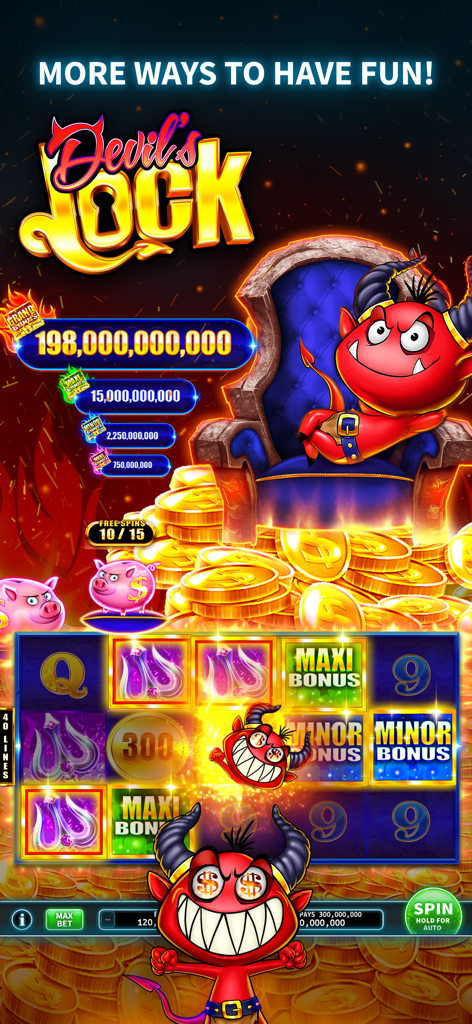 Gameplay of the Devils Lock slot machine in the FoxPlay Casino app showing a jackpot and cartoon devil character.