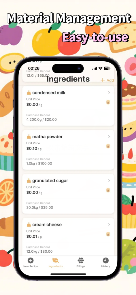 Baking Cost Calculator - L'application Calculateur de Coûts de Pâtisserie montrant la gestion des ingrédients avec les prix unitaires pour le lait concentré et la poudre de matcha.