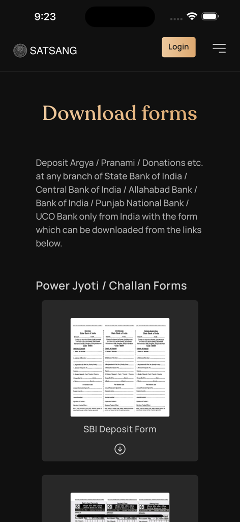 Satsang Official - Satsang Official app interface showing the download forms section for donation and bank deposit challans