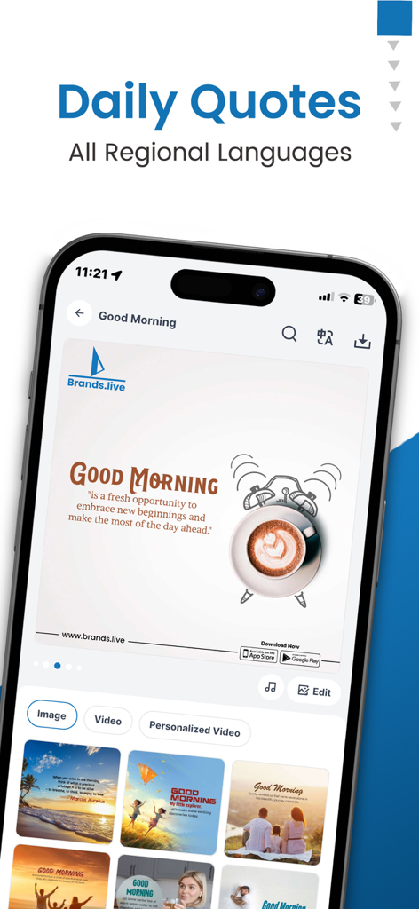 Brands.live - Festival Post - Brands.live app interface showing daily quotes and good morning templates for social media sharing