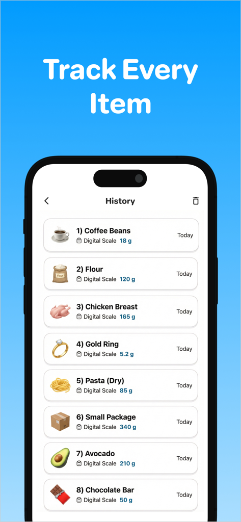 Pesa: Digital Scale for Grams - Pesa 앱에서 커피 원두, 밀가루, 금반지 등 무게를 측정한 항목의 측정 기록을 보여주는 화면.