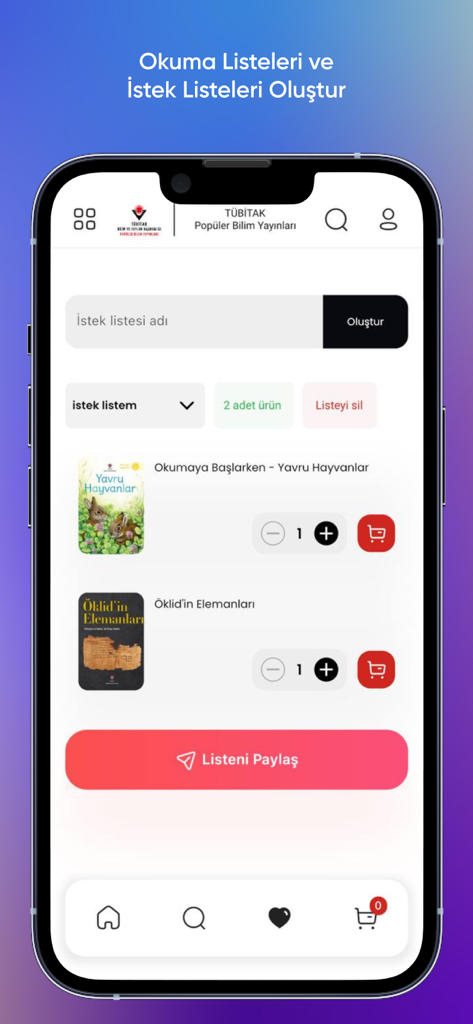 Mobile interface of the TUBITAK Yayinlar app displaying a wishlist of popular science books
