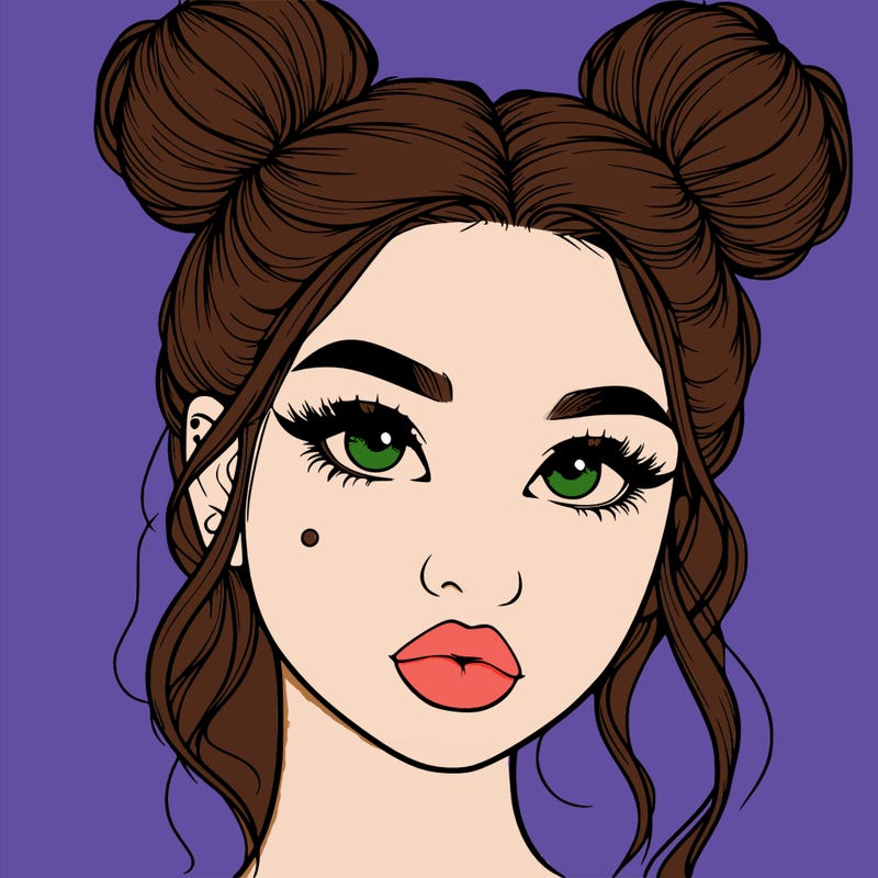 realistic girl with two buns on her hair and lips