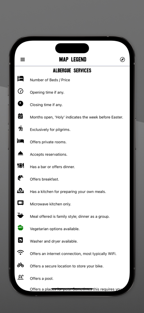 Map legend showing icons for pilgrim hostel services in the Wise Pilgrim Camino Frances app