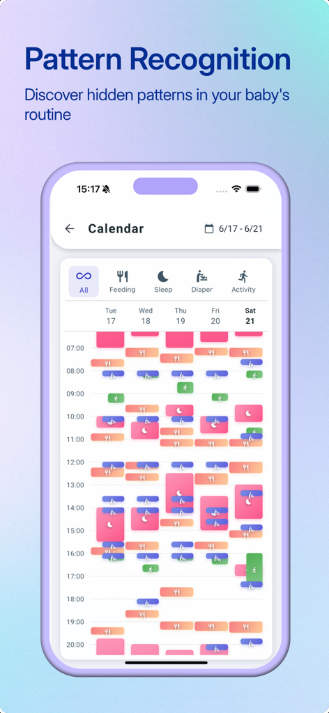 Bloom Baby Tracker - Auto Log - A screenshot of the Bloom Baby Tracker app showing a color coded calendar for tracking baby routine patterns.