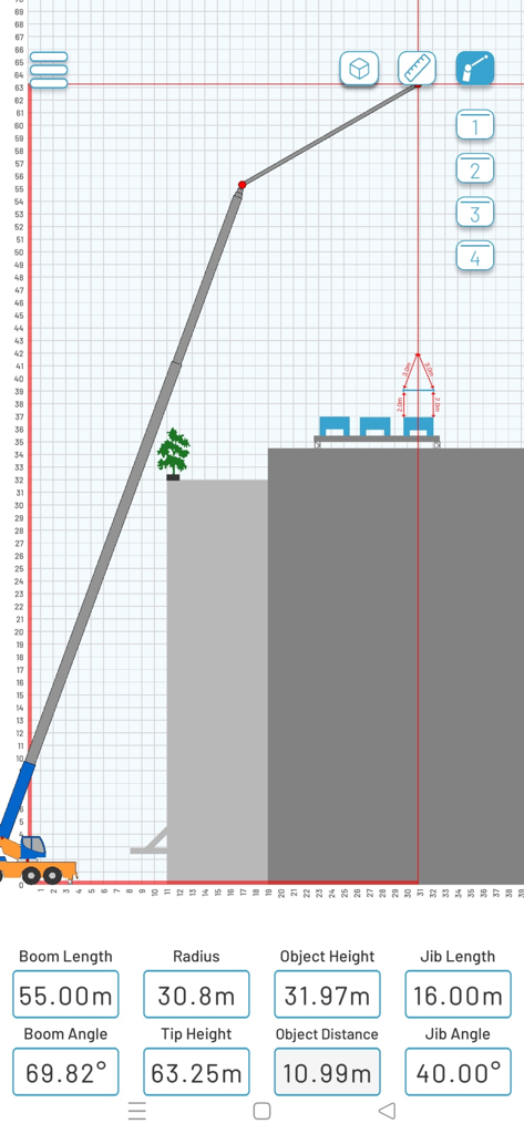 Crangle - Mobile interface of Crangle app showing a crane range chart with a detailed lift plan and technical measurements