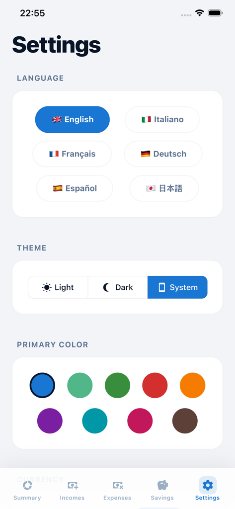 Plan And Save - Tela de configurações do aplicativo Plan and Save para personalização de idioma, tema e cor principal.