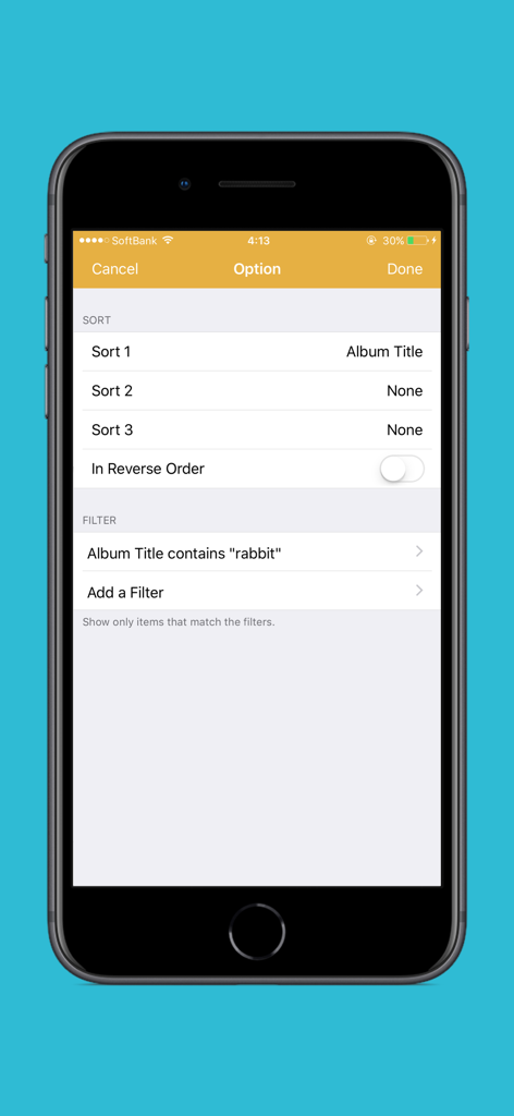 Rabbit Player - Captura de tela do Rabbit Player mostrando opções avançadas de ordenação e filtragem da biblioteca de música em um iPhone
