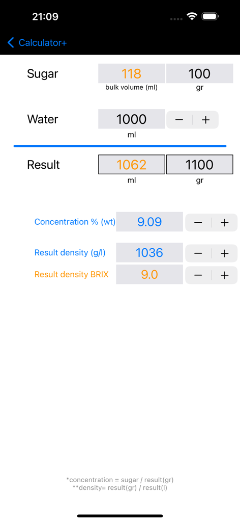 Oberfläche zur Berechnung der Zuckerlösung in Wasser mit Ergebnissen für Konzentration und Brix-Dichte