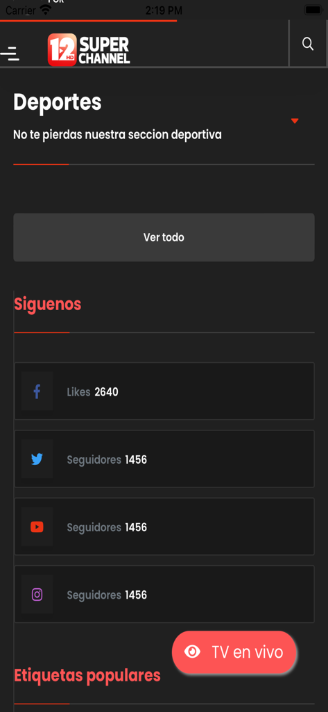 Super Channel 12 - Super Channel 12 app interface showing sports section and social media links
