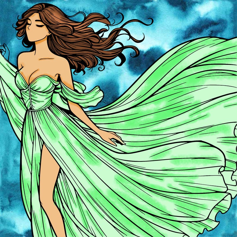 realistic woman in dress flowing the the wind