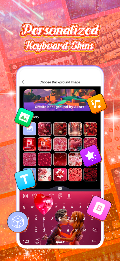 Interface do aplicativo V Keyboard mostrando skins de teclado personalizadas e customização de temas DIY com fundos temáticos de coração