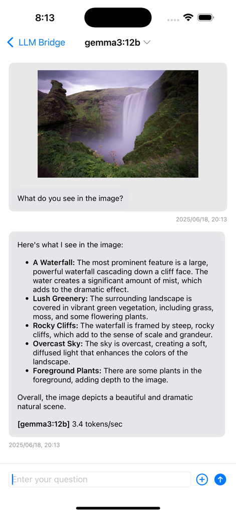 LLM Bridge - Multi LLM Client - The LLM Bridge app interface showing a vision AI model analyzing an uploaded photo of a waterfall