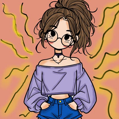 girl with a messy ponytail glasses a baggy crop top and jean shorts