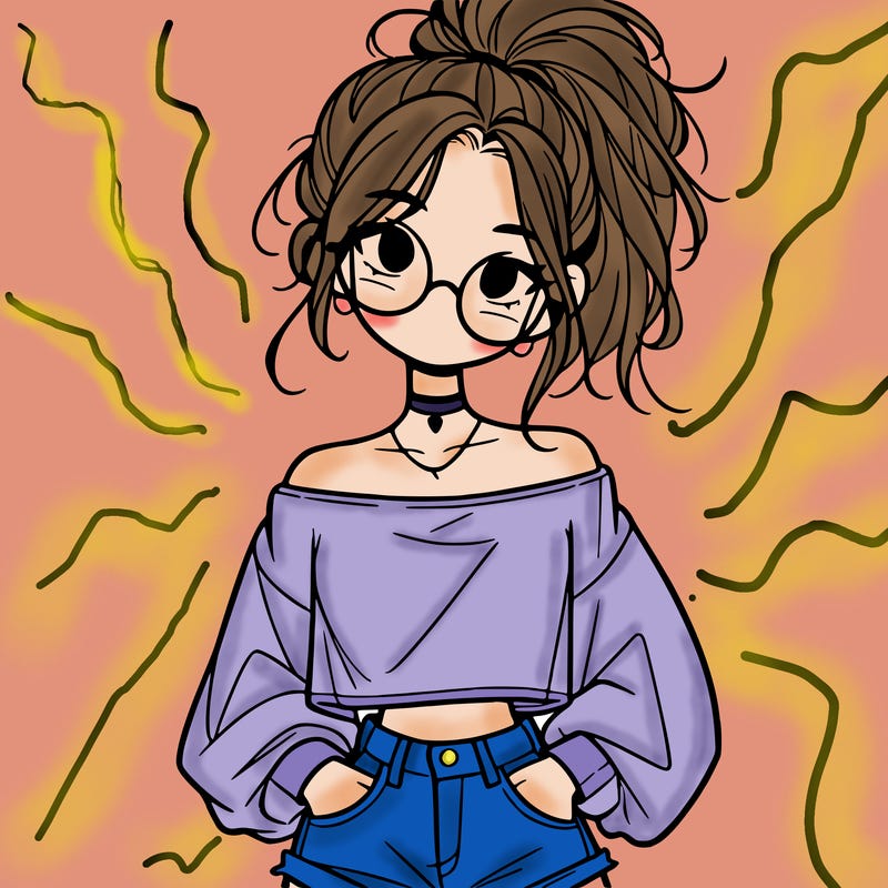 girl with a messy ponytail glasses a baggy crop top and jean shorts