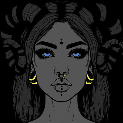 realistic woman with ram horns and piercings