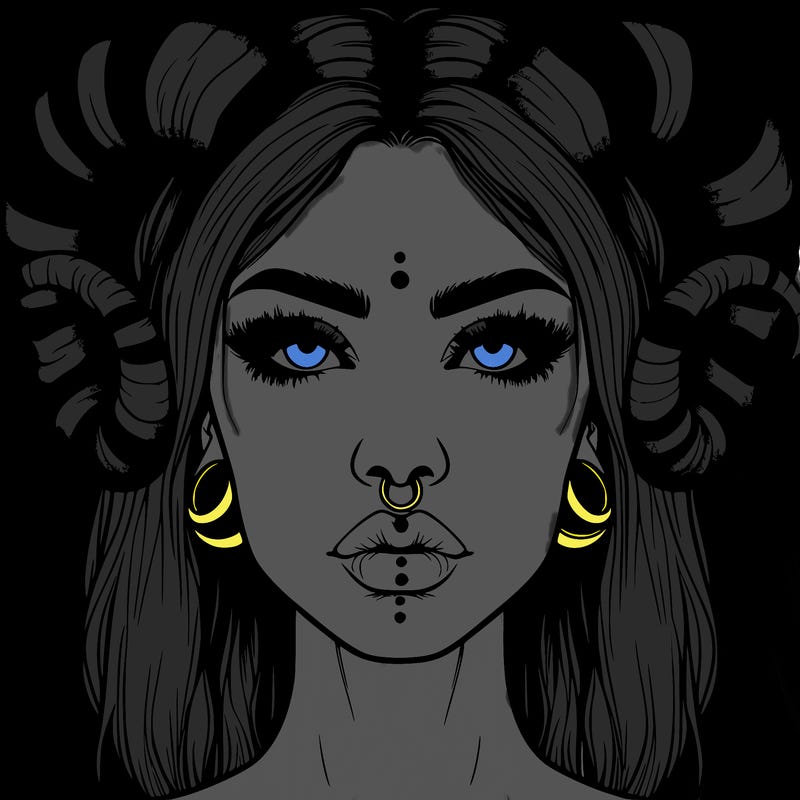 realistic woman with ram horns and piercings