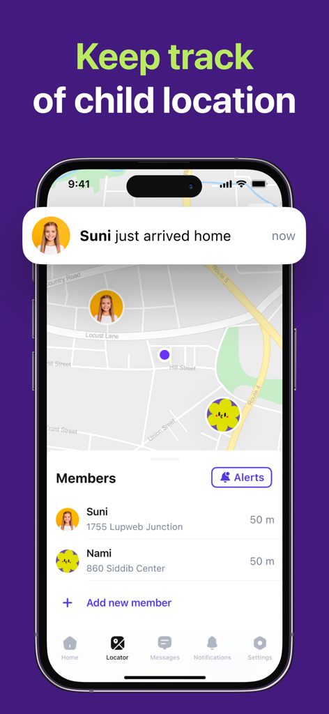 FamiGo: Parental Control App - FamiGo app interface showing real time child location tracking on a map with arrival notifications