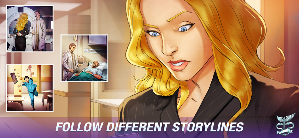 A woman character with panels showing various medical storylines in Operate Now Hospital