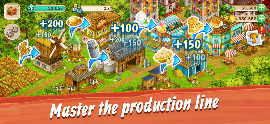 Big Farm: Mobile Harvest - Big Farm Mobile Harvestのゲームプレイ画面。農場の建物とリソース生産の流れが表示されている