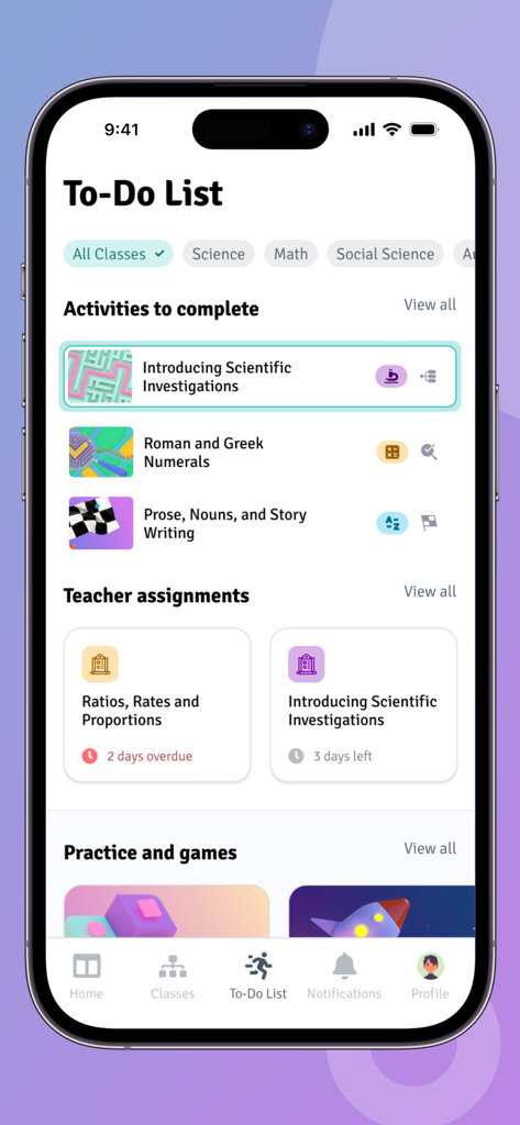Alef Student - O aplicativo Alef Student mostrando uma lista de afazeres do aluno com tarefas e jogos de aprendizado