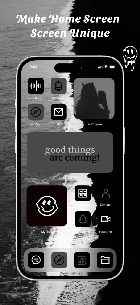 A unique black and white aesthetic iPhone home screen customization featuring custom icons and motivational widgets