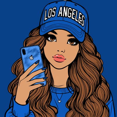 realistic beautiful girl wearing los ángeles cap holding an iphone