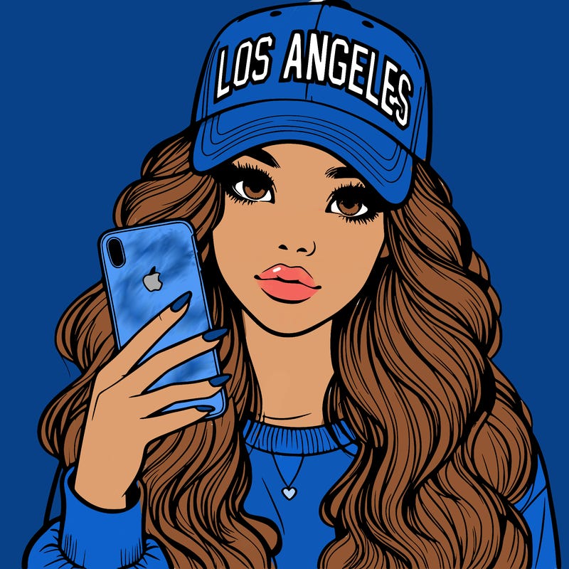 realistic beautiful girl wearing los ángeles cap holding an iphone