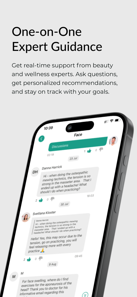 MindBodyFace+ - One-on-one expert guidance and personalized support chat in the MindBodyFace plus wellness app.