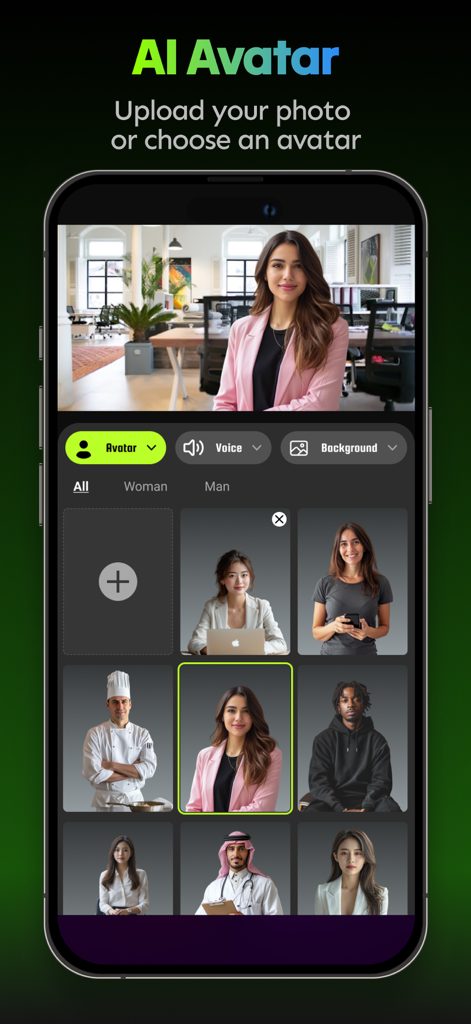 Vidify AI - AI Video Creator - A mobile interface for Vidify AI showing diverse realistic AI avatars for video creation including a professional woman in a pink blazer