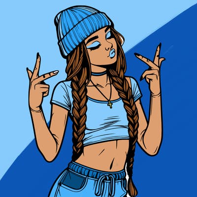 realistic teenage girl with braids and a beanie and crop top doing 🫶🏼