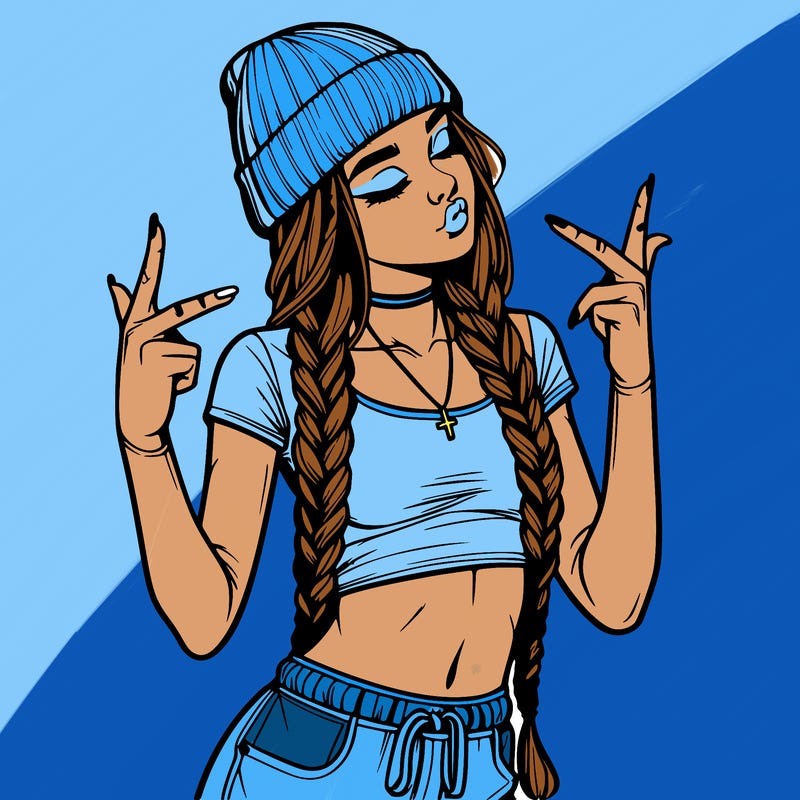 realistic teenage girl with braids and a beanie and crop top doing 🫶🏼