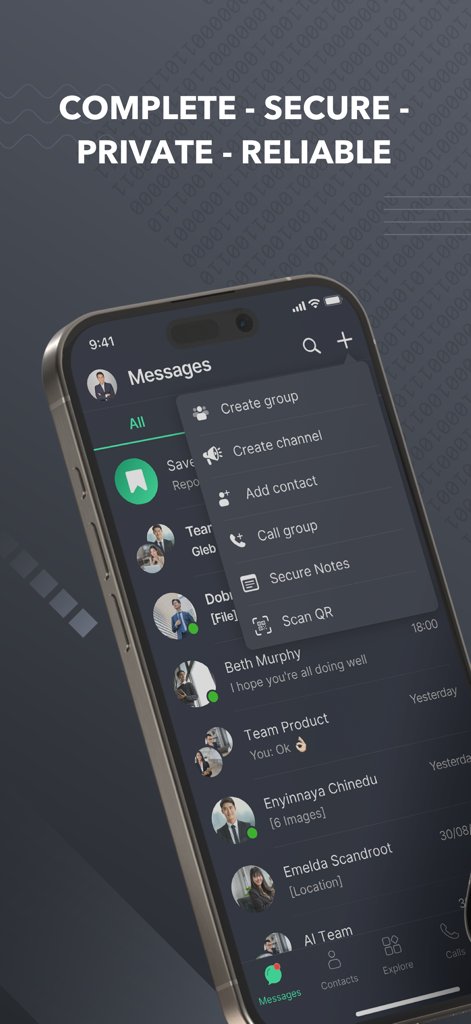 Signet - Signet app messaging interface showing encrypted chat list and professional communication features on a mobile device.