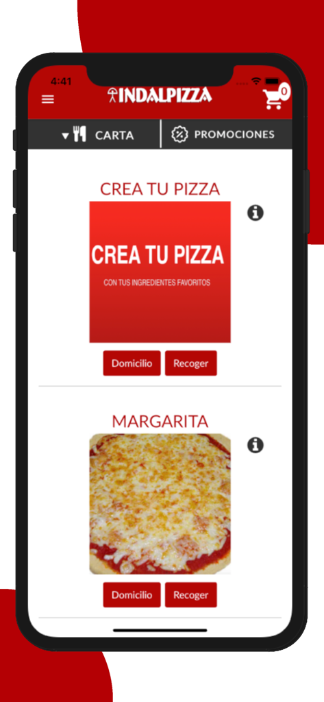 Interfaz de la app móvil IndalPizza mostrando el menú de pizzas con opciones de entrega o recogida.