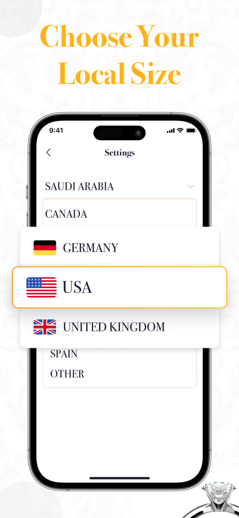 Ring Sizer - Size Measure App - Pantalla de smartphone mostrando un menú para seleccionar estándares de tallas de anillos locales para diferentes países como EE. UU. y Reino Unido.